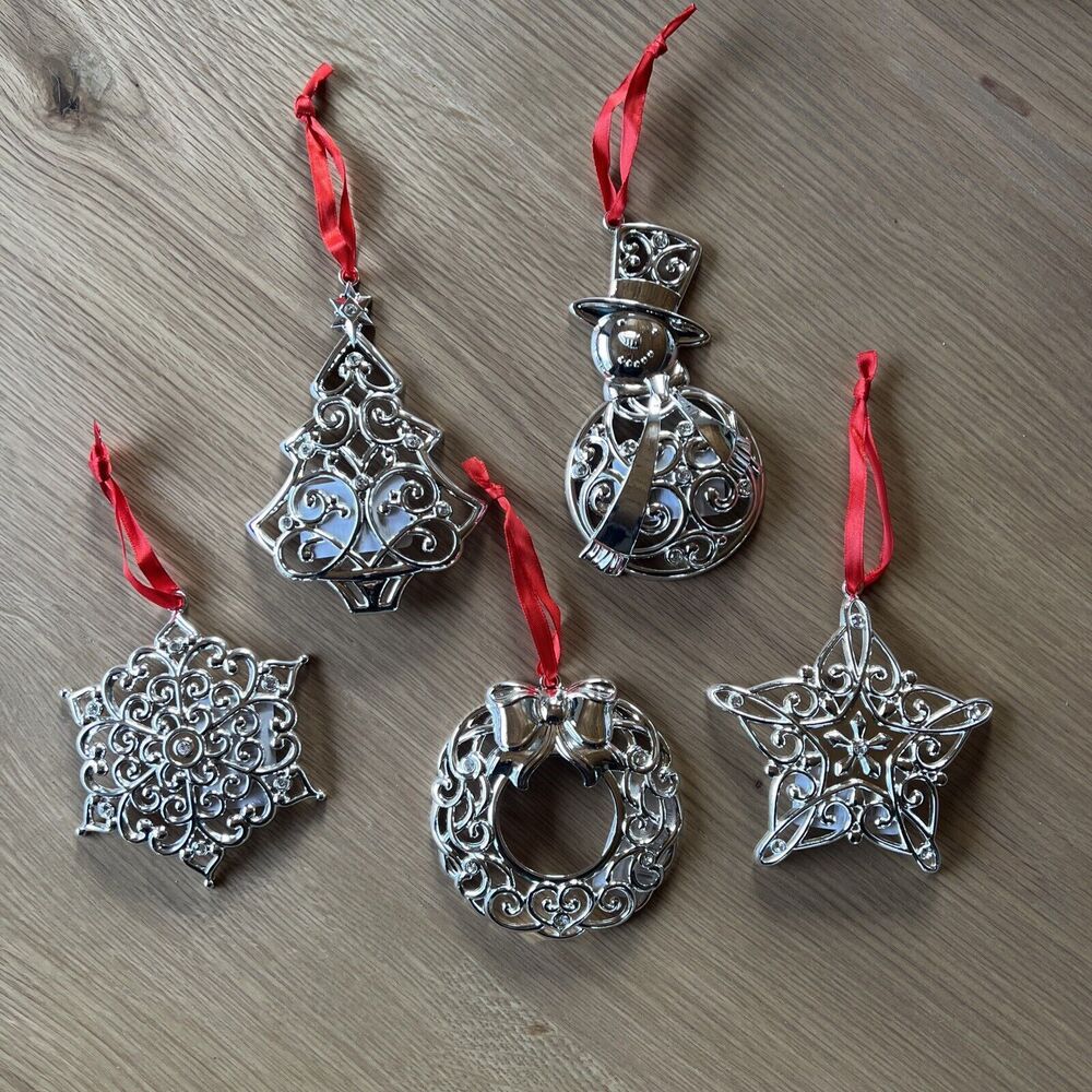Lenox Sparkle & Scroll Christmas Ornaments Set of 5 Silver Crystal New